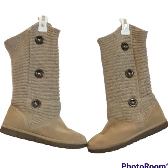 Sporto Claire 8.5M tan suede and knit sweater boots with buttons - Picture 1 of 13